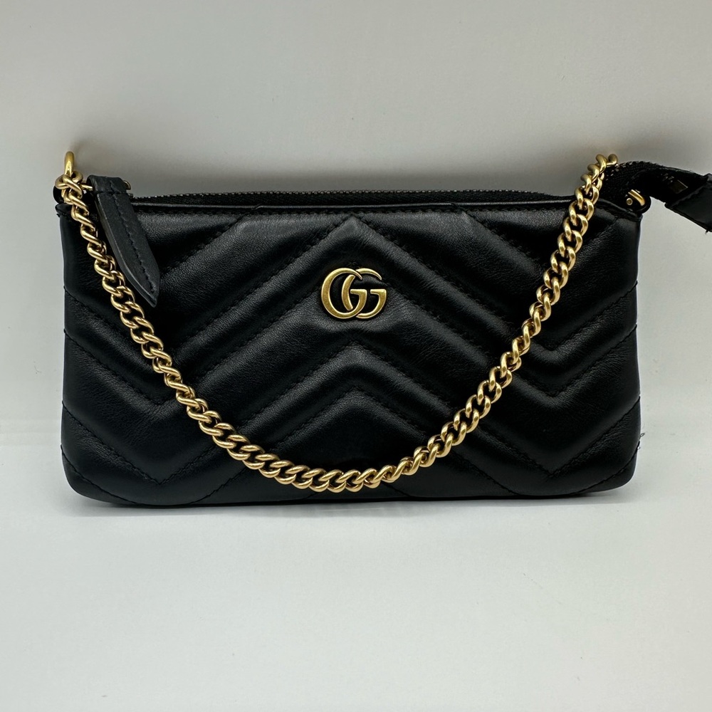 Gucci GG Marmont Matelassé Chain Wristlet Pouch Black Leather Authenticated